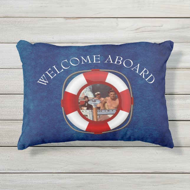 Welcome aboard Red White and Navy Blue Nautical Outdoor Pillow (Front)