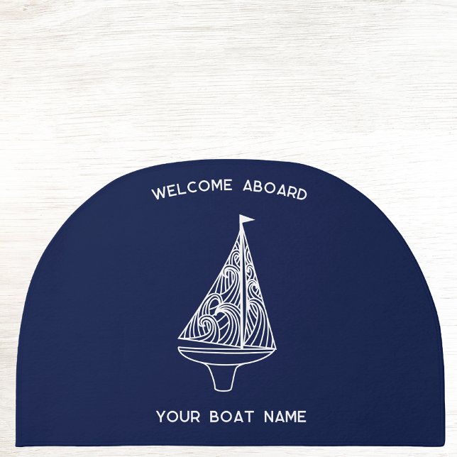 Welcome Aboard Sailing Boat Name Doormat (Welcome Aboard boat name personalized custom text sailing boat doormat for boat, beach  & lake house)