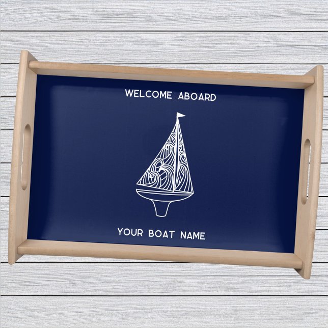 Welcome Aboard Sailing Boat Name Serving Tray (Boat name sailing yacht welcome aboard serving tray for beach or lake house.)