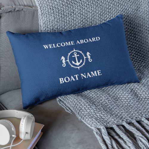Welcome Aboard Seahorse Nautical Anchor Navy Blue Lumbar Pillow