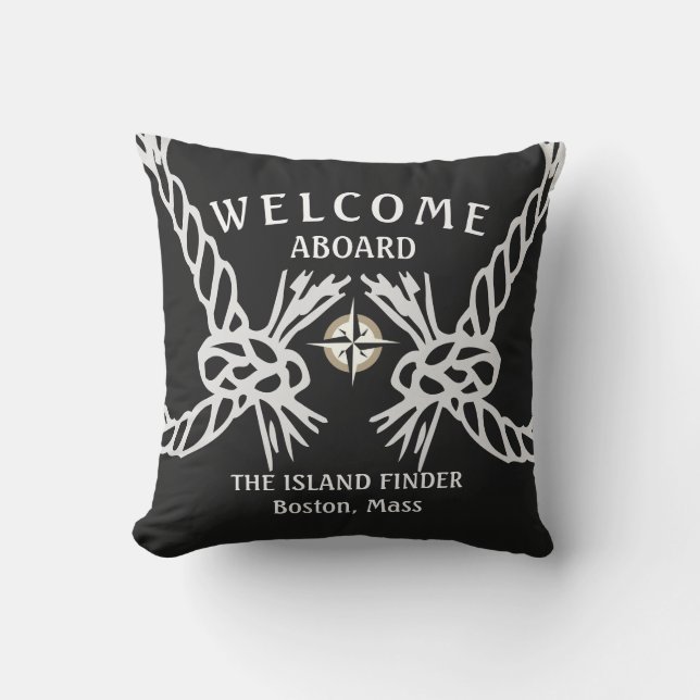 Welcome Aboard The Boats Name Black and White Outdoor Pillow (Front)