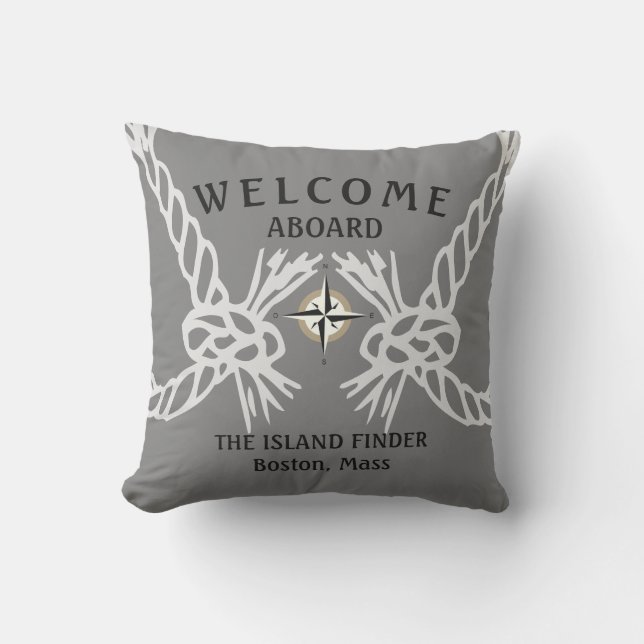 Welcome Aboard The Boats Name Gray and White Outdoor Pillow (Front)