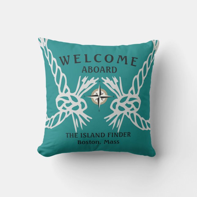 Welcome Aboard The Boats Name Teal and White Outdoor Pillow (Front)