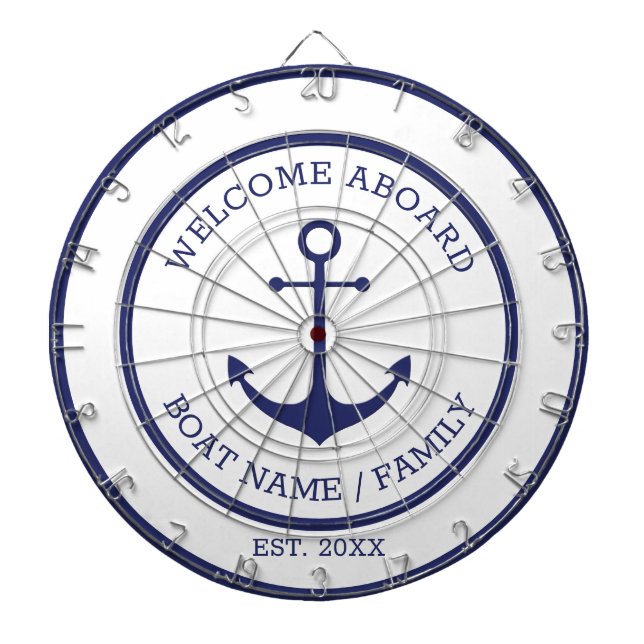 Welcome Aboard white blue nautical anchor custom Dart Board (Front)