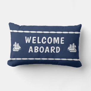 Welcome Aboard white Boats Blue Lumbar Pillow