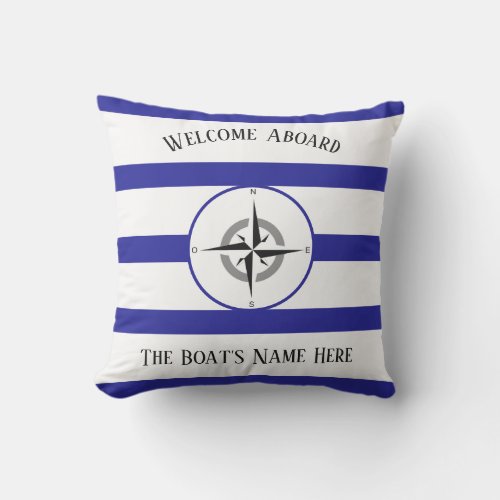 Welcome Aboard White Boats Name Blue Stripes _ Outdoor Pillow
