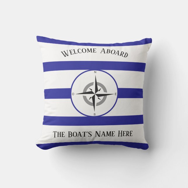 Welcome Aboard White Boats Name Blue Stripes - Outdoor Pillow (Front)
