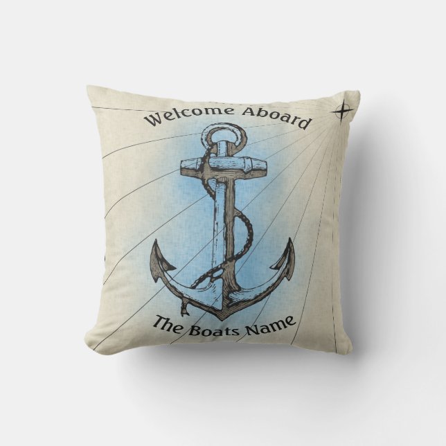 Welcome Aboard with Boats Name Beige Blue Throw Pillow (Front)