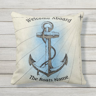 Welcome Aboard with Boats Name Beige Blue Throw Pillow