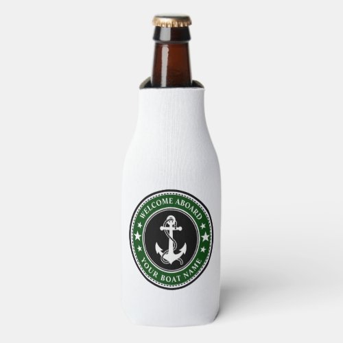 Welcome Aboard Your Boat Name Anchor Stars Green Bottle Cooler