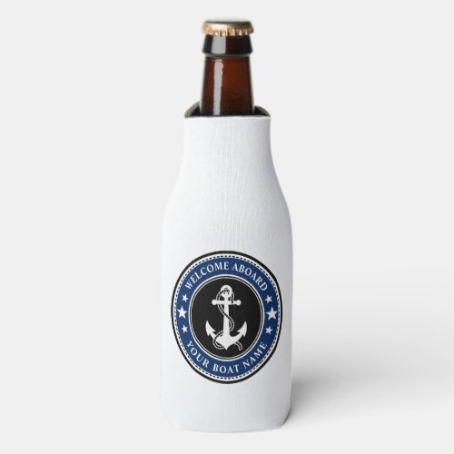 Welcome Aboard Your Boat Name Anchor Stars Navy Bottle Cooler