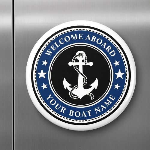 Welcome Aboard Your Boat Name Anchor Stars Navy Magnet