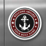 Welcome Aboard Your Boat Name Anchor Stars Red Magnet<br><div class="desc">A stylish black,  white and deep red round magnet featuring a custom nautical boat anchor with stars on and your personalized "Welcome Aboard" text and Your Boat Name or other desired text. Customize them with your favorite background color and much more. Makes a great gift for any occasion.</div>