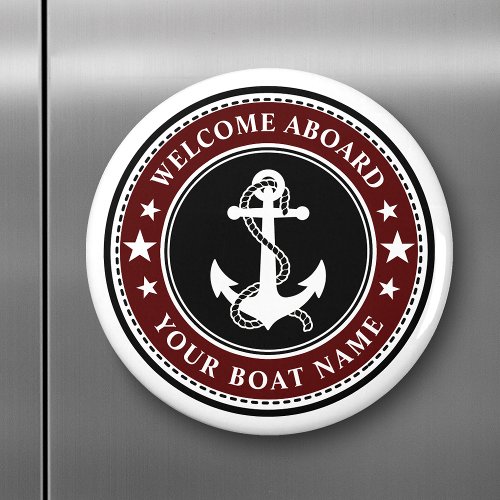 Welcome Aboard Your Boat Name Anchor Stars Red Magnet