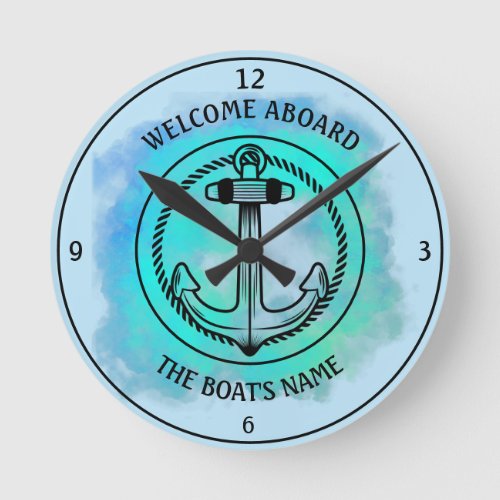 Welcome Aboard Your Boats Name Anchor Blue Green Round Clock