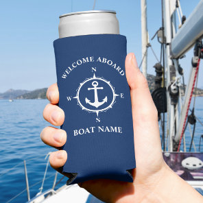 Welcome Aboard Your Name or Boat Compass Anchor Seltzer Can Cooler