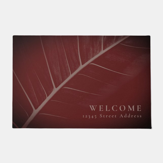 Welcome & Address | Burgundy & Gray Macro Leaf Doormat (Front)