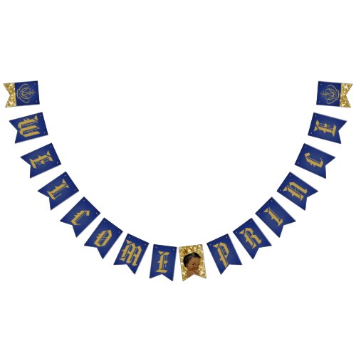Welcome African Prince Royal Blue  Gold Glitter Bunting Flags