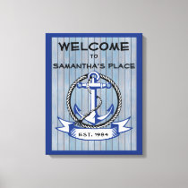 Welcome Anchor on Blue Stained Planks Canvas Print