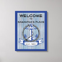 Welcome Anchor on Blue Stained Planks Canvas Print