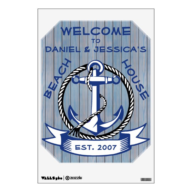 Welcome Anchor on Blue Stained Planks Sign Wall Sticker (Front)
