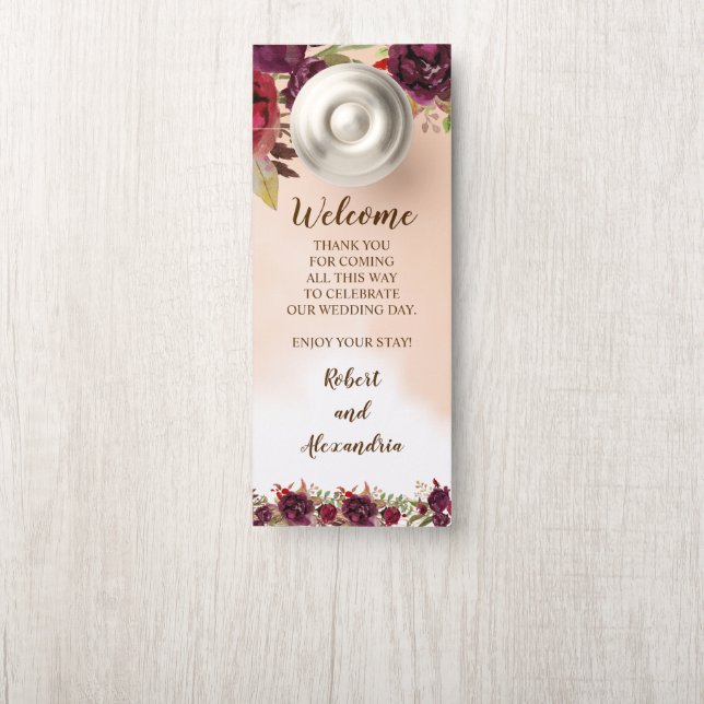 Welcome and Do not Disturb Wedding Burgundy Door Hanger (On Knob)