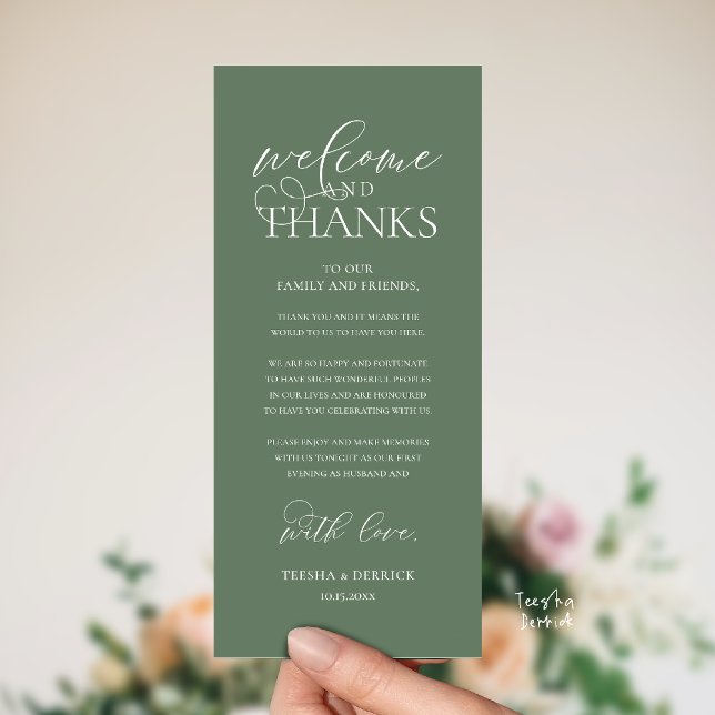 "Welcome and Thanks" Classy Reception Guest Card ("Welcome and Thanks" Classy Wedding Romantic Reception Guest Card in sage green)