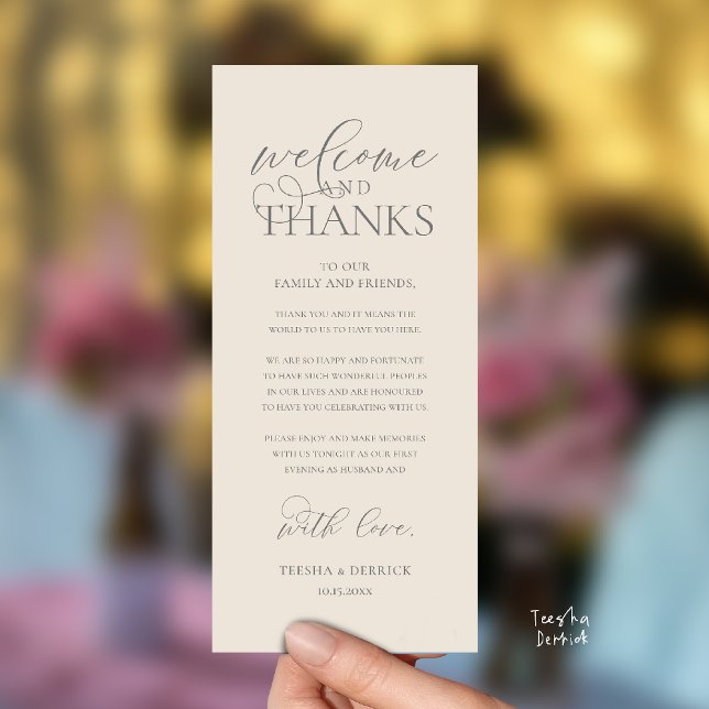 "Welcome and Thanks" Classy Reception Guest Card ("Welcome and Thanks" Classy Wedding Romantic Reception Guest Card in cream grey)