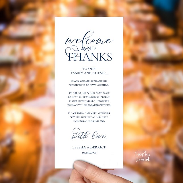 "Welcome and Thanks" Classy Reception Guest Card ("Welcome and Thanks" Classy Wedding Romantic Reception Guest Card in navy blue)