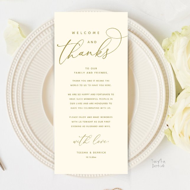 Welcome and Thanks, Modern Dinner Thank You Card (Welcome and Thanks, Modern Dinner Wedding Boho Reception Thank You Card in Yellow Gold)