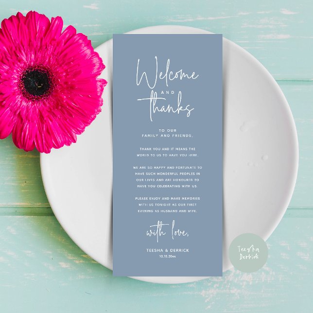 Welcome and Thanks Place Setting Thank You Card (Welcome and Thanks Modern Wedding Dinner Place Setting Thank You Card in Dusty Blue)