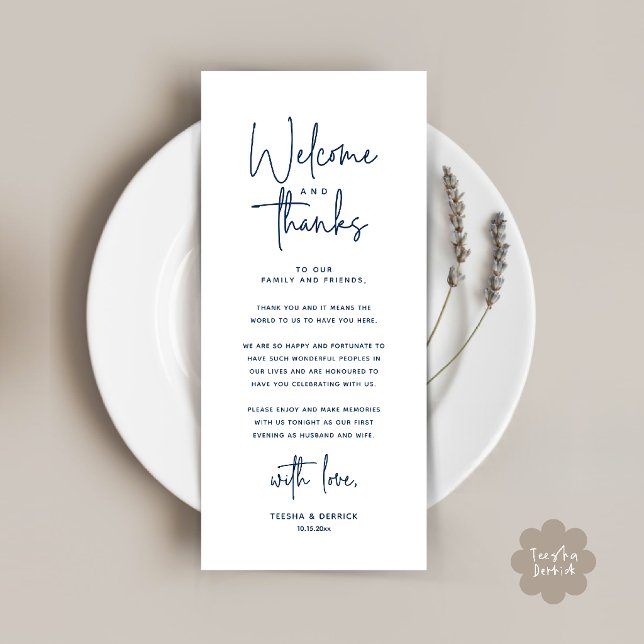 Welcome and Thanks Place Setting Thank You Card (Welcome and Thanks Modern Wedding Dinner Place Setting Thank You Card in Navy Blue)