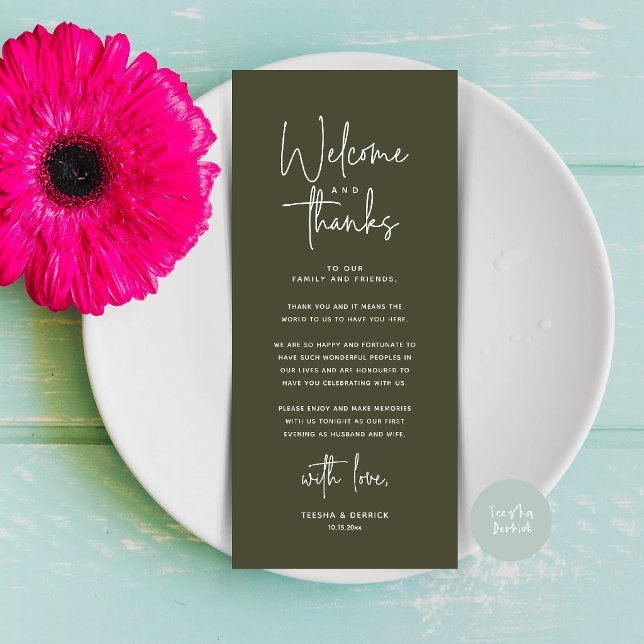 Welcome and Thanks Place Setting Thank You Card (Welcome and Thanks Modern Wedding Dinner Place Setting Thank You Card in Olive Green)