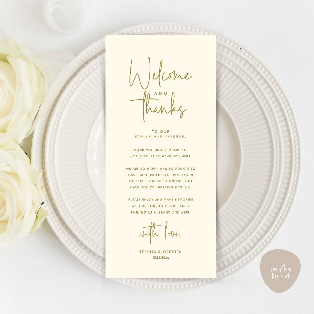 Welcome and Thanks Place Setting Thank You Card (Welcome and Thanks Modern Wedding Dinner Place Setting Thank You Card in Yellow Gold Cream)