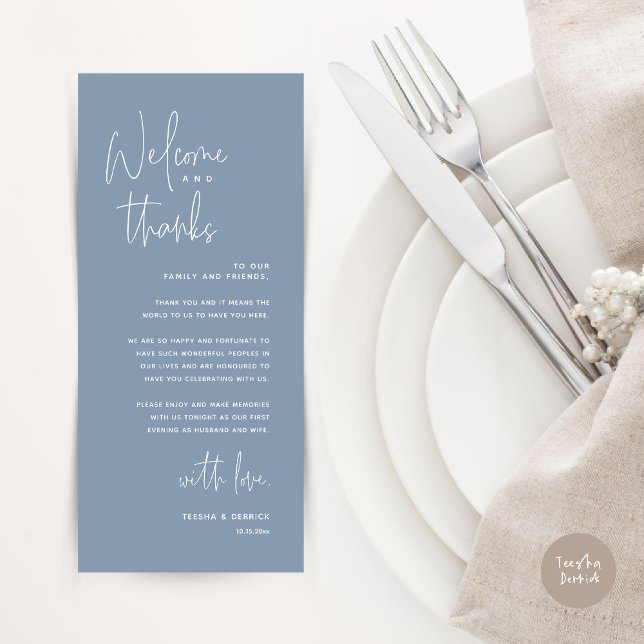Welcome and Thanks, Place Setting Thank You Card (Welcome and Thanks, Dinner Place Setting Thank You Card, Modern Romantic, in Dusty Blue)
