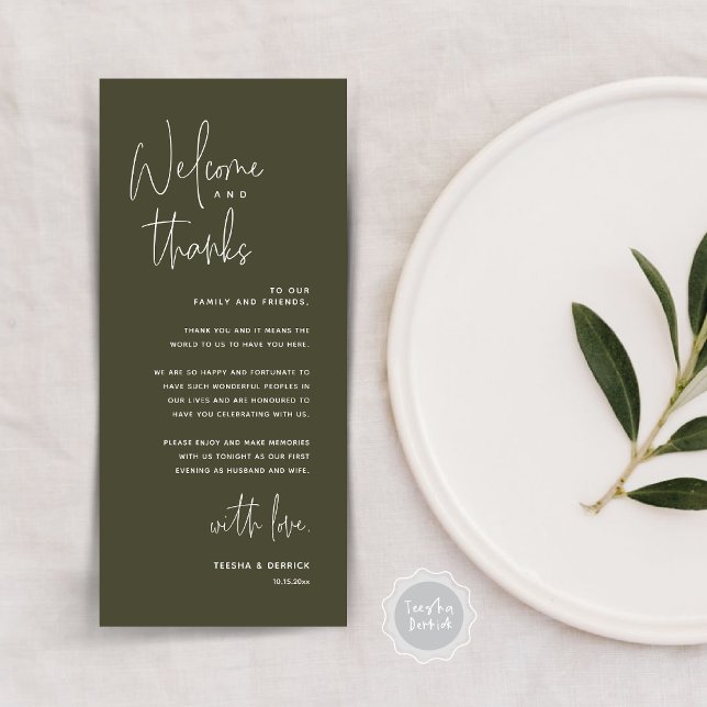 Welcome and Thanks, Place Setting Thank You Card (Welcome and Thanks, Dinner Place Setting Thank You Card, Modern Romantic, in Olive Green)