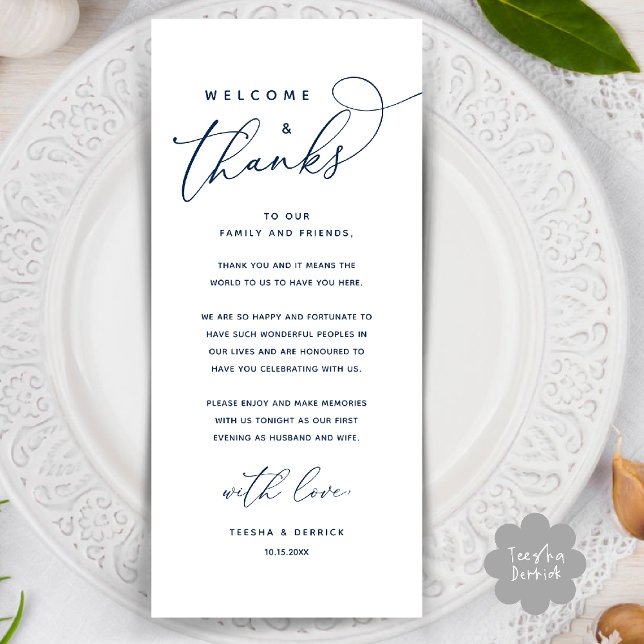 Welcome and Thanks, Place Setting Thank You Card (Welcome and Thanks, Wedding Dinner Place Setting Thank You Card in Classy navy Blue)