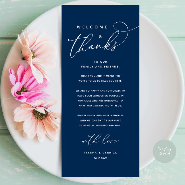 Welcome and Thanks, Place Setting Thank You Card (Welcome and Thanks, Wedding Dinner Place Setting Thank You Card in Classy navy Blue)
