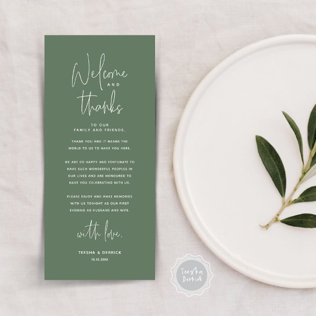 Welcome and Thanks, Place Setting Thank You Card (Welcome and Thanks, Modern Dinner Place Setting Thank You Card, in Forest Sage Green)