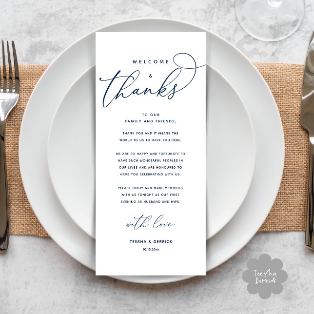 Welcome and Thanks, Place Setting Thank You Card (Welcome and Thanks, Modern Wedding Dinner Brunch Lunch Place Setting Thank You Card in Navy Blue)