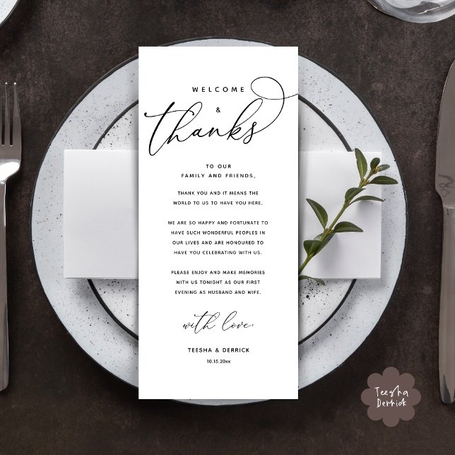 Welcome and Thanks, Place Setting Thank You Card (Welcome and Thanks, Modern Wedding Dinner Brunch Lunch Place Setting Thank You Card in White Black)