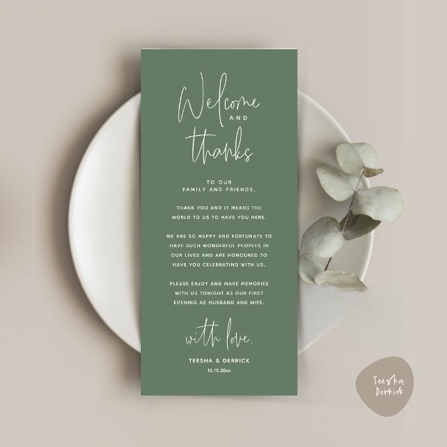 Welcome and Thanks, Place Setting Thank You Card (Welcome and Thanks, Place Setting Thank You Dinner Party Card in Forest Sage Green)