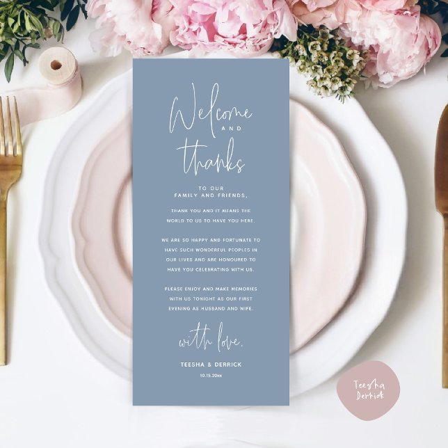 Welcome and Thanks, Place Setting Thank You Card (Welcome and Thanks, Wedding Dinner Place Setting Thank You Card, in Classy Dusty Blue)