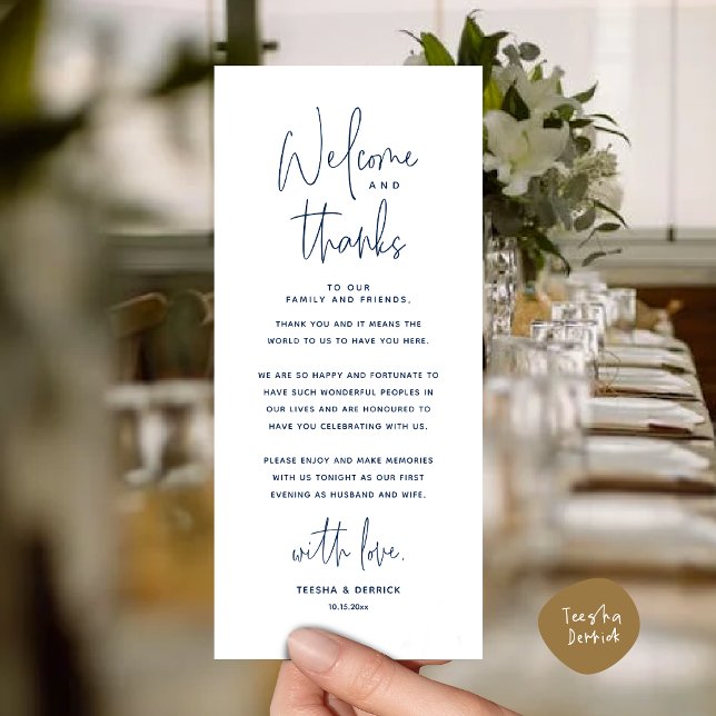 Welcome and Thanks, Place Setting Thank You Card (Welcome and Thanks, Wedding Dinner Place Setting Thank You Card in Modern Classy Navy Blue)