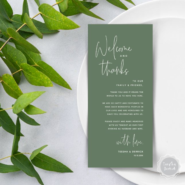 Welcome and Thanks, Place Setting Thank You Card (Welcome and Thanks, Wedding Dinner Place Setting Thank You Card in Forest Sage Green)