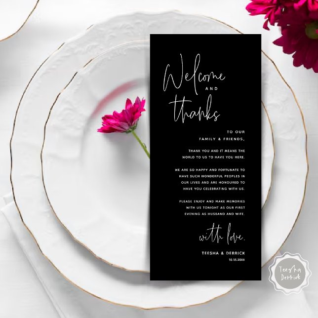 Welcome and Thanks, Place Setting Thank You Card (Welcome and Thanks, Wedding Dinner Place Setting Thank You Card in Classy Black)