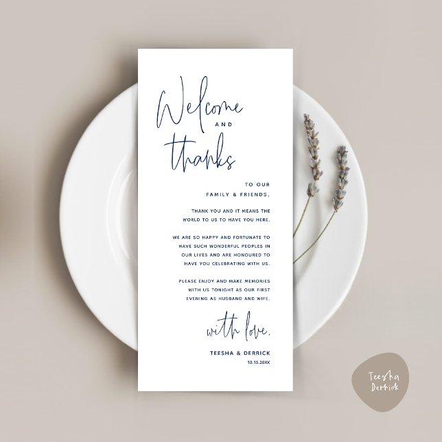 Welcome and Thanks, Place Setting Thank You Card (Welcome and Thanks, Wedding Dinner Place Setting Thank You Card in Classy Navy Blue)