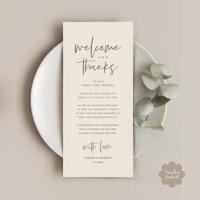 Welcome and Thanks, Place Setting Thank You Card (Welcome and Thanks, Modern Wedding Dinner Brunch Party Place Setting Thank You Card Cream Grey)