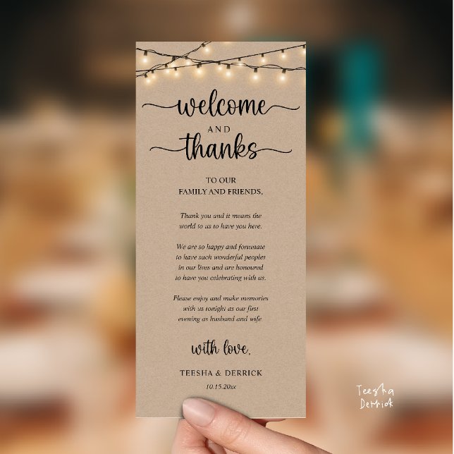 "Welcome and Thanks" Rustic Reception Guest Card ("Welcome and Thanks" Rustic Reception Guest Card in String Lights Brown Kraft)