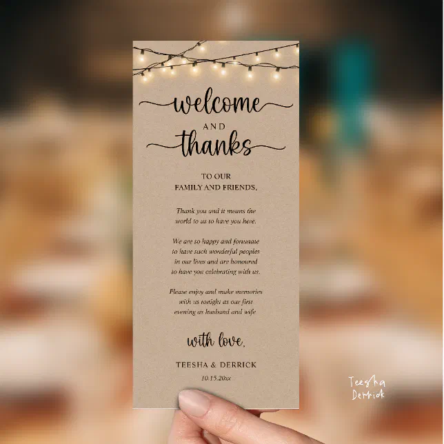 "Welcome and Thanks" Rustic Reception Guest Card | Zazzle
